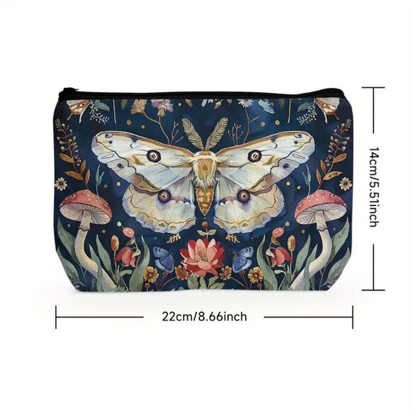 Moth & Floral Print Makeup Bag Lightweight & Stylish with zipper enclosure - Picture 4 of 4